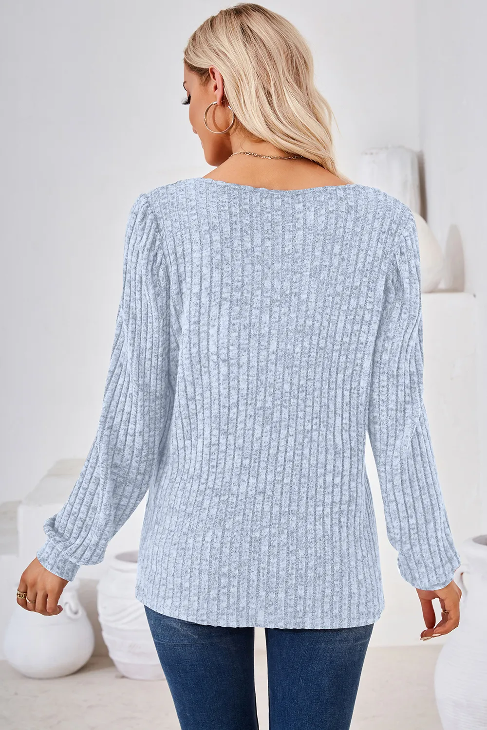 Ribbed Square Neck Long Sleeve T-Shirt, image 20