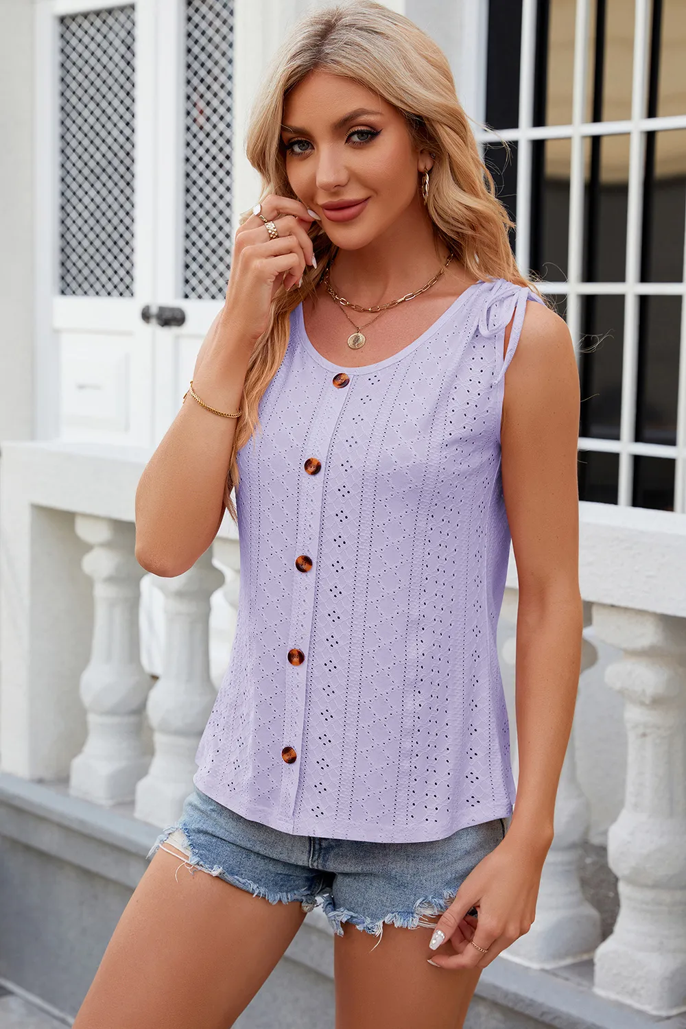 Eyelet Round Neck Wide Strap Tank, image 34