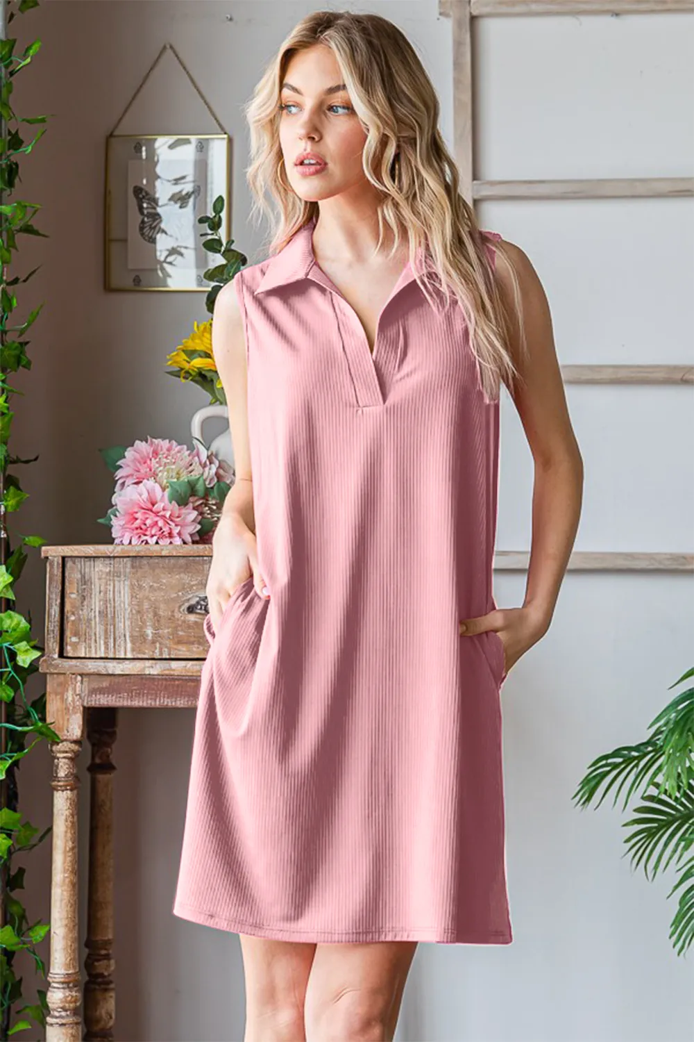 Full Size Ribbed Johnny Collar Sleeveless Dress, image 2