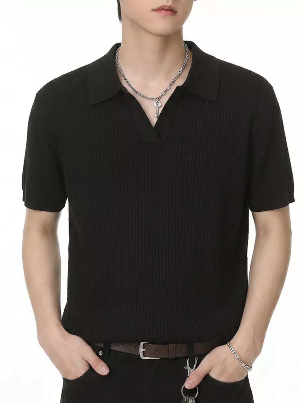 Men's Ribbed Knit Polo Collar Top, image 4