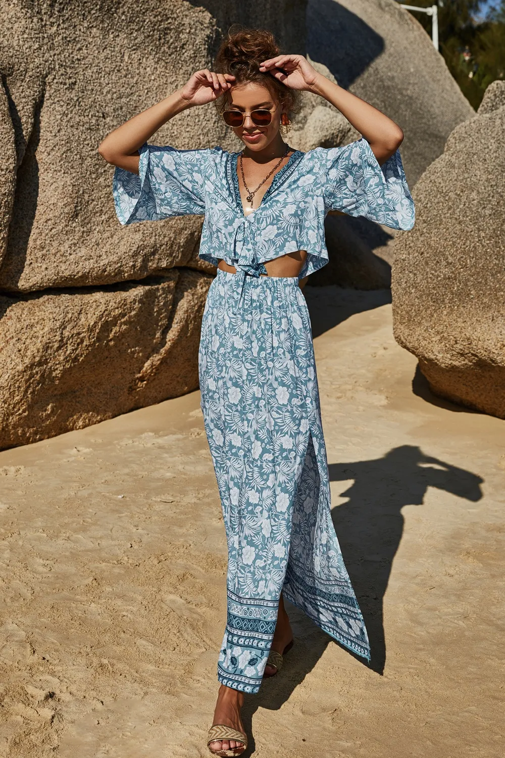 Printed Half Sleeve Top and Slit Skirt Set, image 20