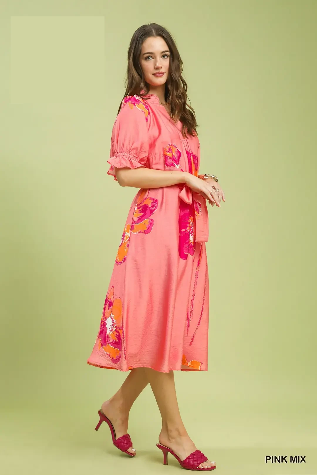 Floral Flounce Sleeve Midi Dress with Belted, image 3