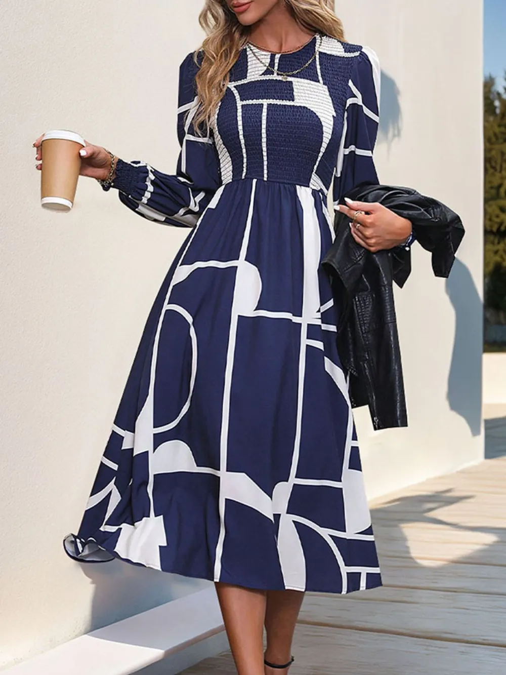 Smocked Color Block Long Sleeve Midi Dress, image 2