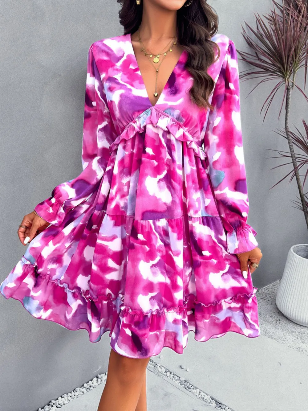 Backless Printed V-Neck Flounce Sleeve Dress, image 6