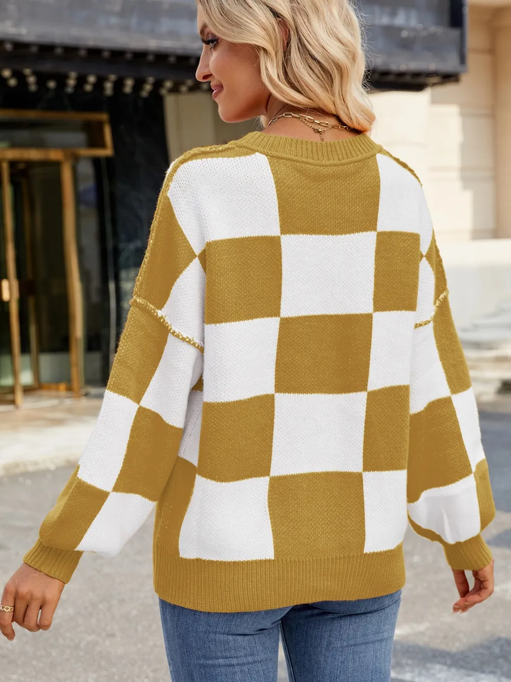 Checkered Round Neck Long Sleeve Sweater, image 15