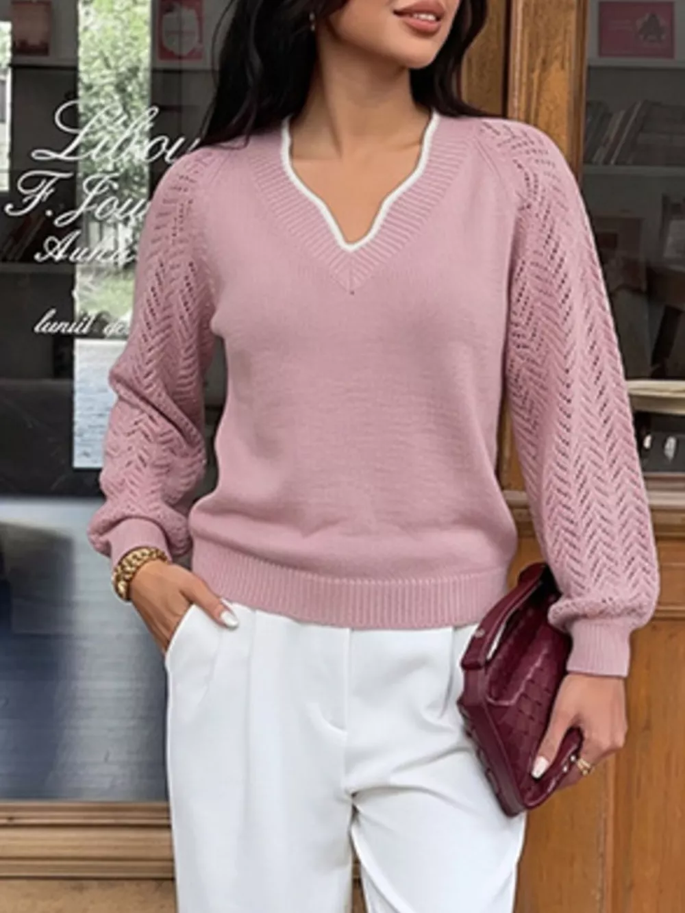 V-Neck Openwork Long Sleeve Sweater, image 4