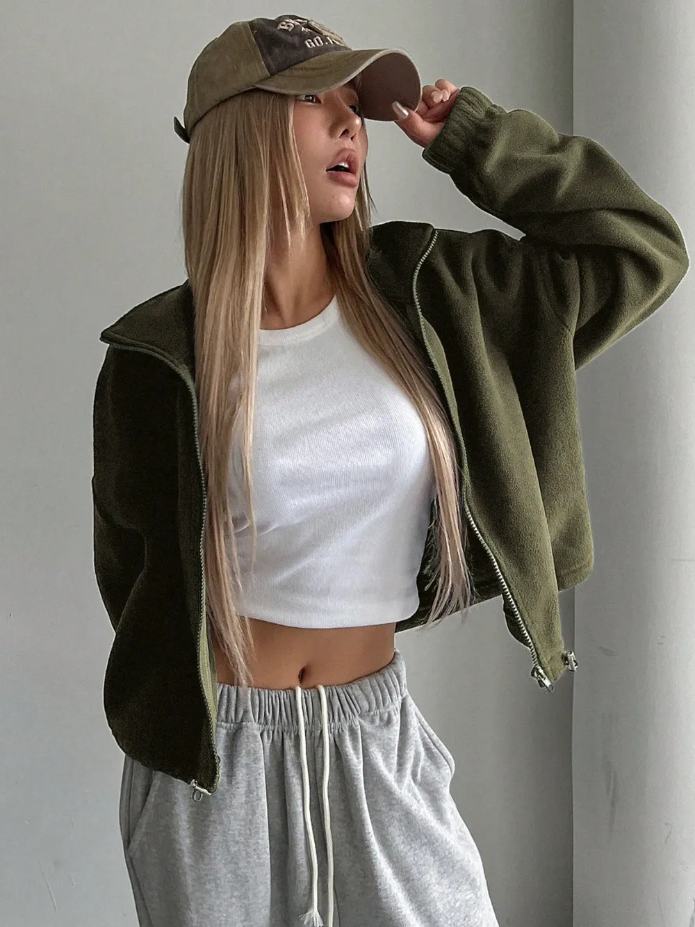 Zip Up Long Sleeve Cropped Jacket, image 3