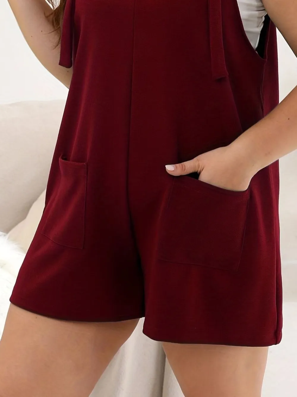 Plus Size Knotted Strap Romper with Pockets, image 5