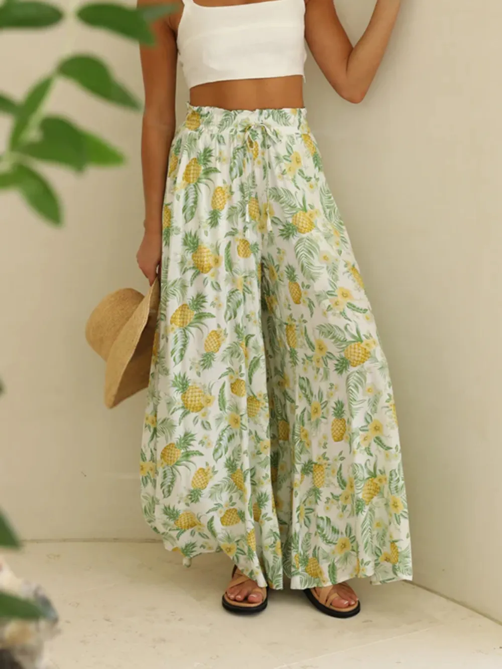 Drawstring Paperbag Waist Printed Wide Leg Pants, image 14
