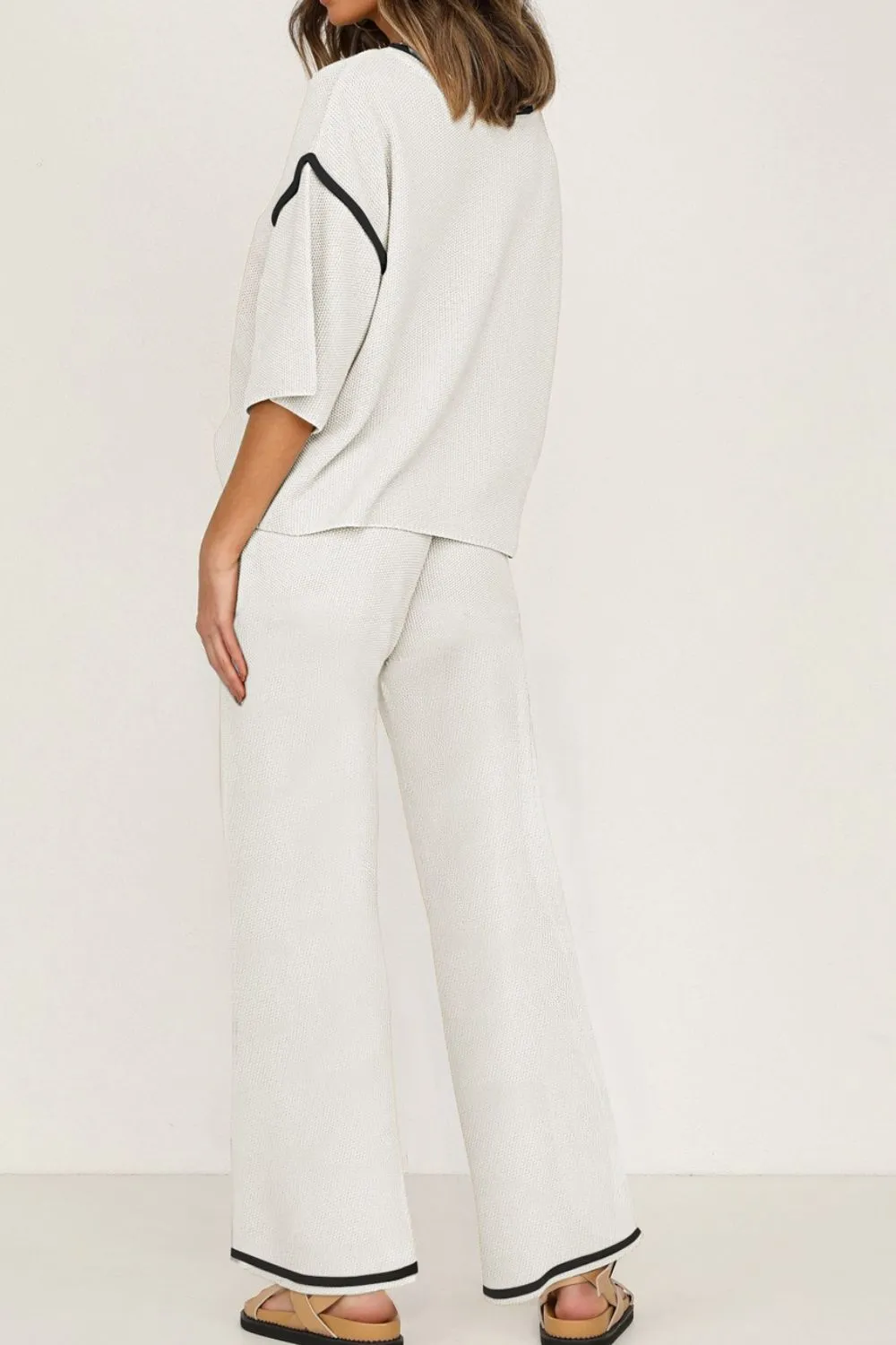 Contrast Trim Round Neck Top and Pants Set, image 21