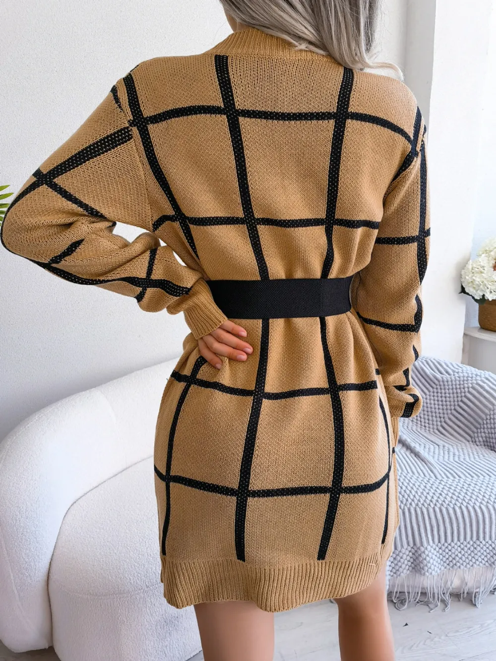 Plaid Round Neck Dropped Shoulder Sweater Dress, image 12