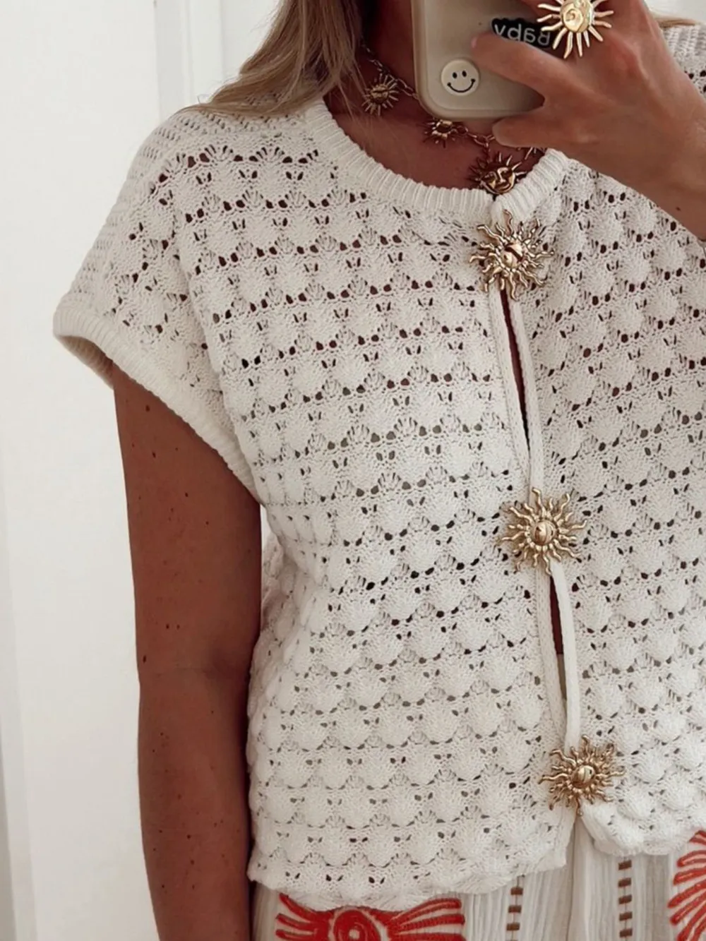 Crochet Short Sleeve Button Front Cardigan, image 4