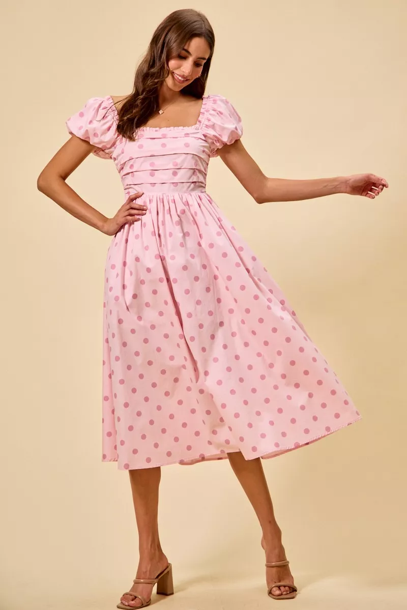 Polka Cotton Print Short Sleeves Midi Dress, image 9