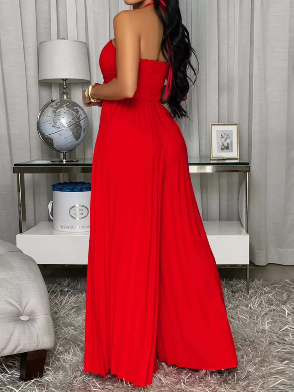 Pleated Halter Neck Wide Leg Jumpsuit, image 7
