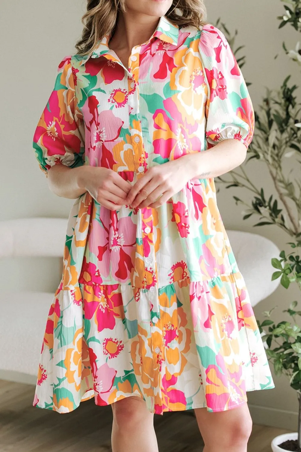 Button Down Floral Puff Sleeve Babydoll Dress, image 15
