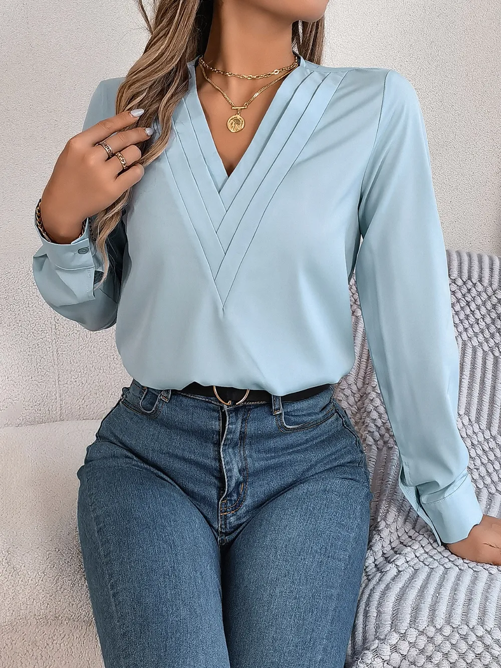 V-Neck Long Sleeve Blouse, image 19