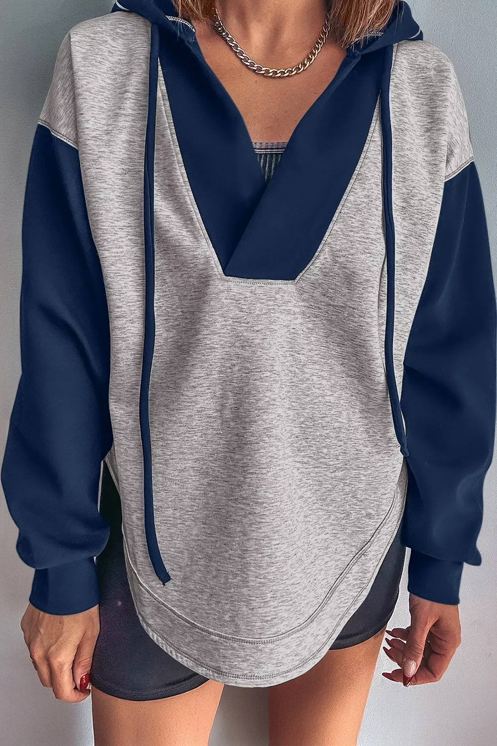 Color Block Patchwork V Neck Drawstring Hoodie, image 2