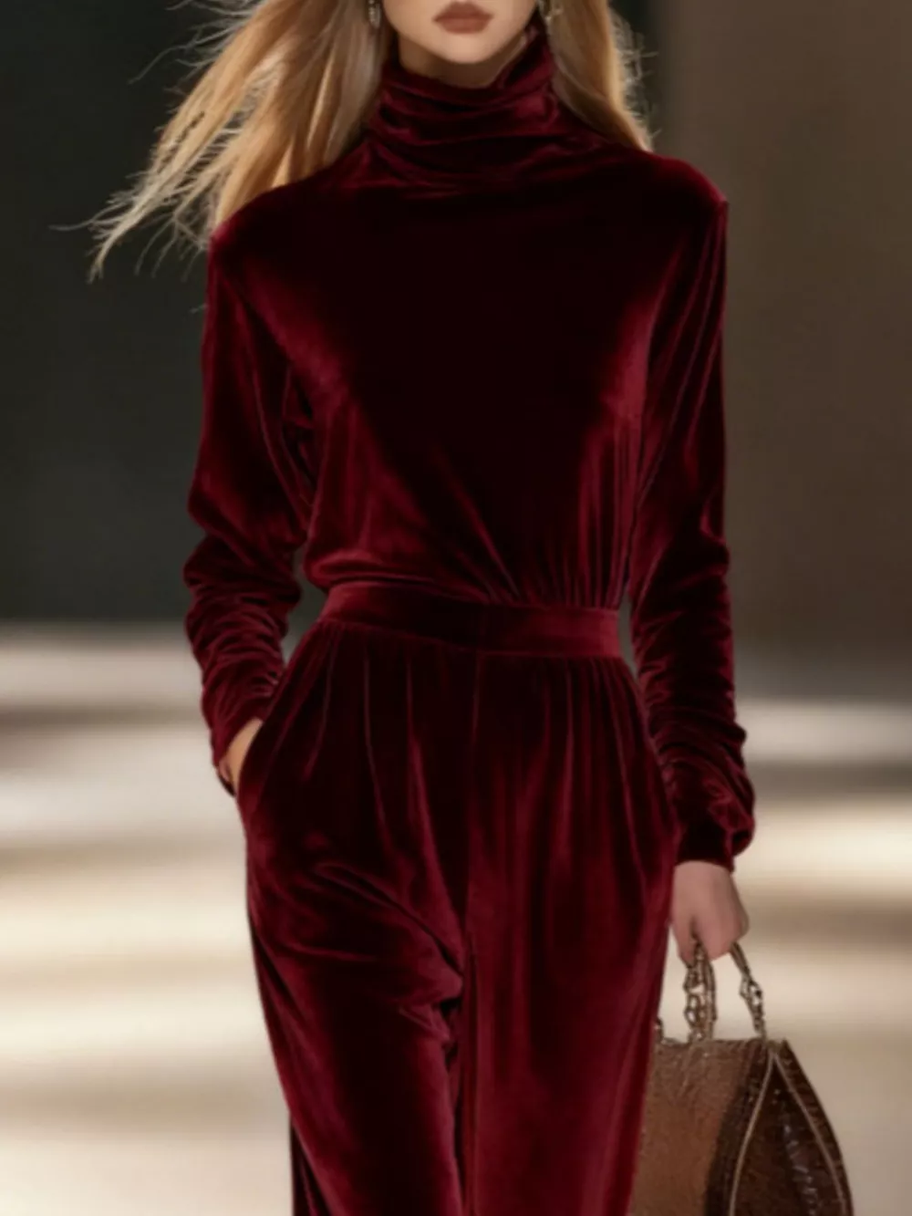 Full Size Velvet Turtleneck Long Sleeve Top and Wide-Leg Pants Set Plus Size, image 11