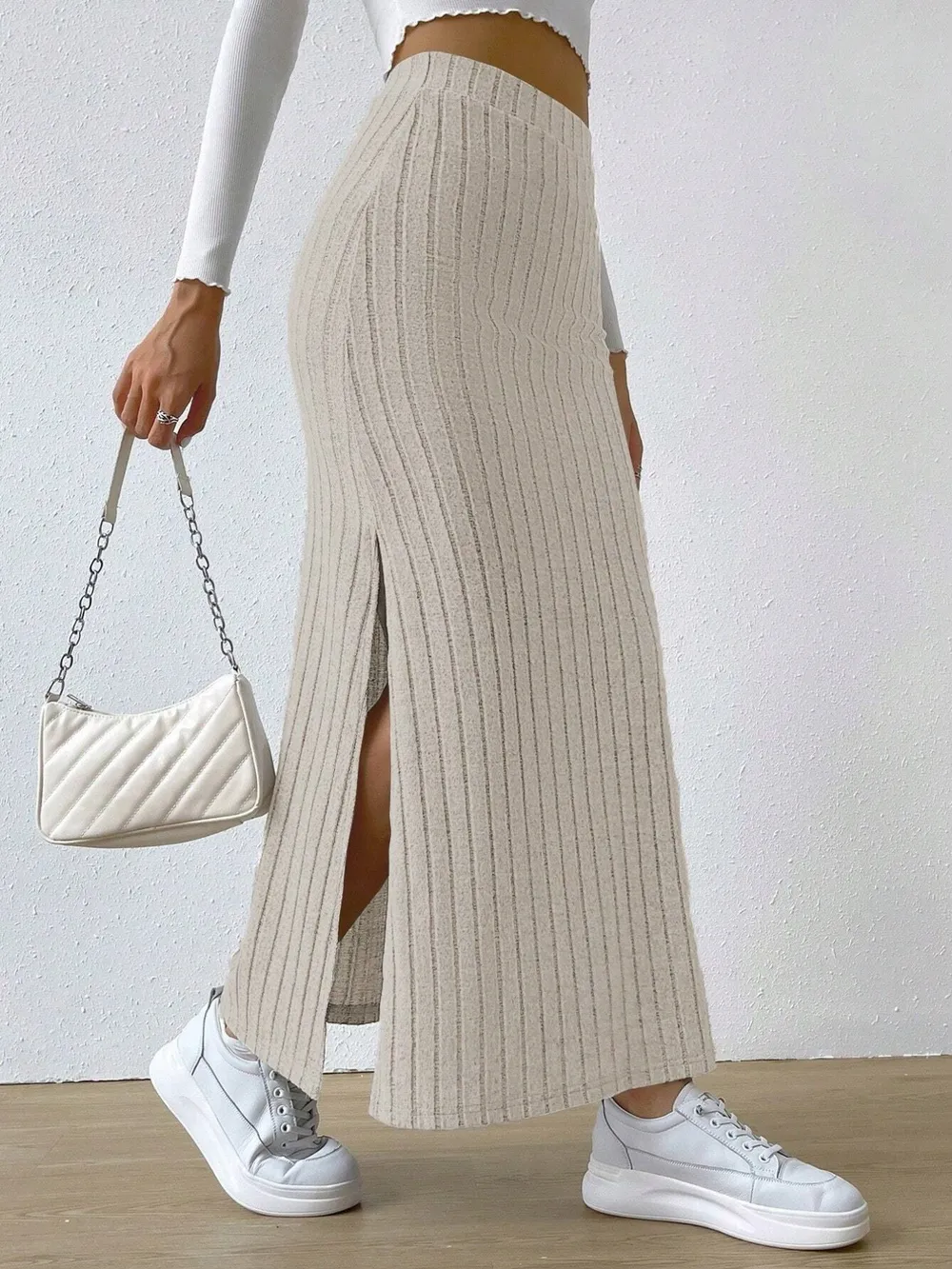 High Waist Ribbed Knit Maxi Skirt, image 12