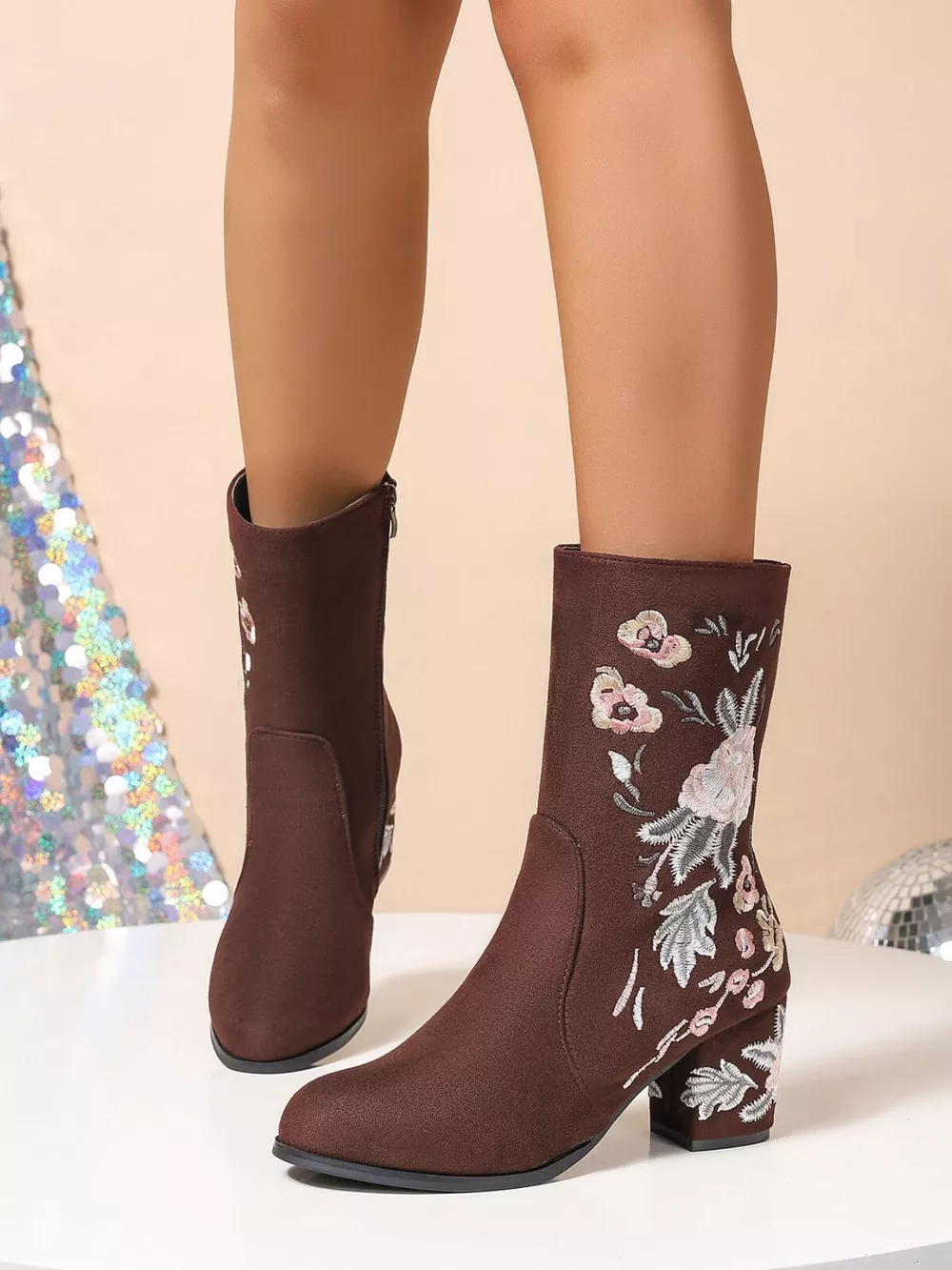 Floral Embroidered Block Heel Boots, image 2