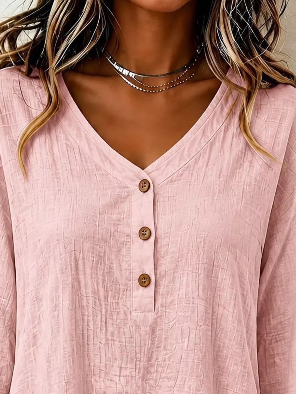 V-Neck Long Sleeve Button Detail Ruffled Hem Blouse, image 9