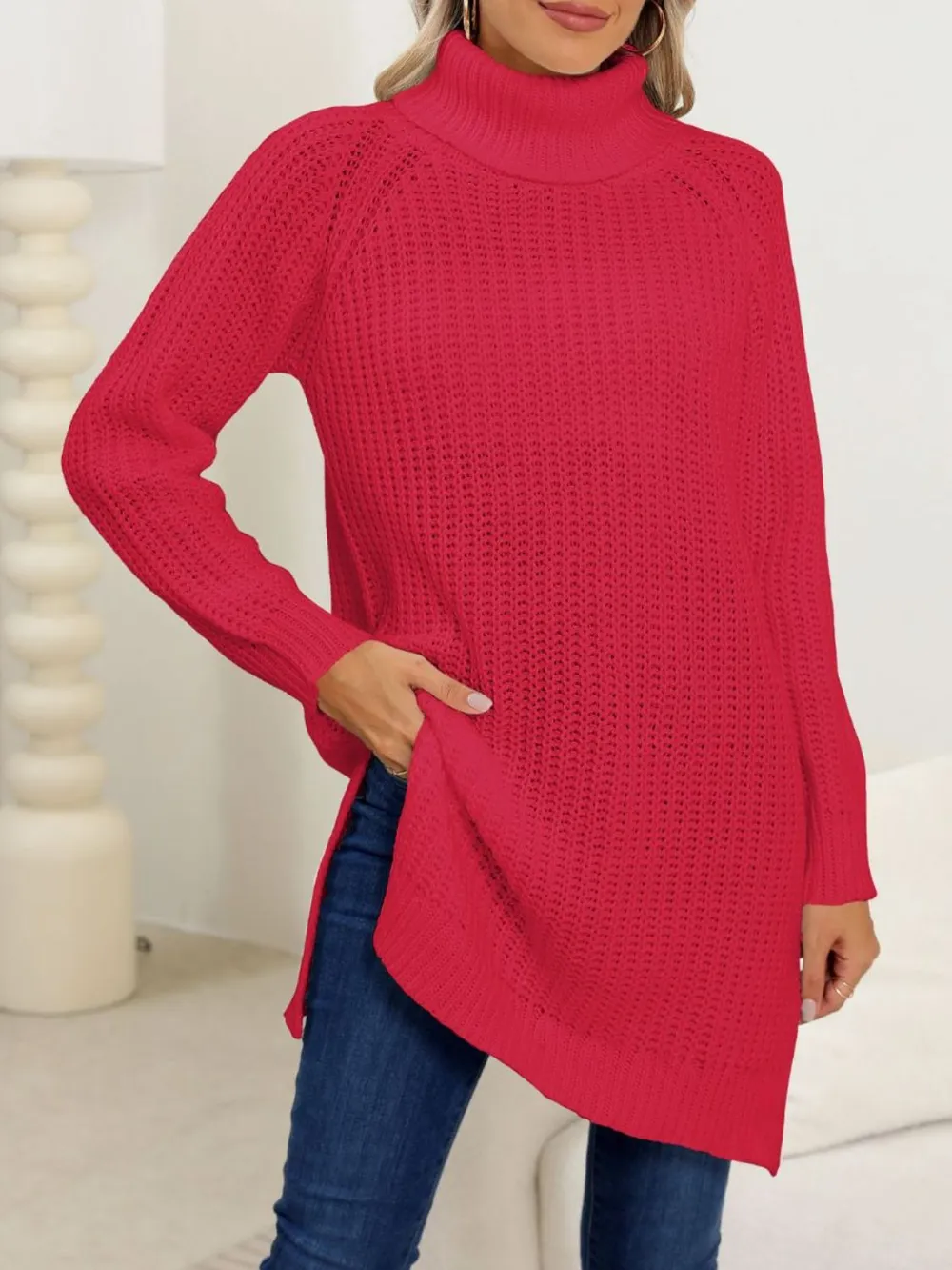 Slit Turtleneck Long Sleeve Sweater, image 5