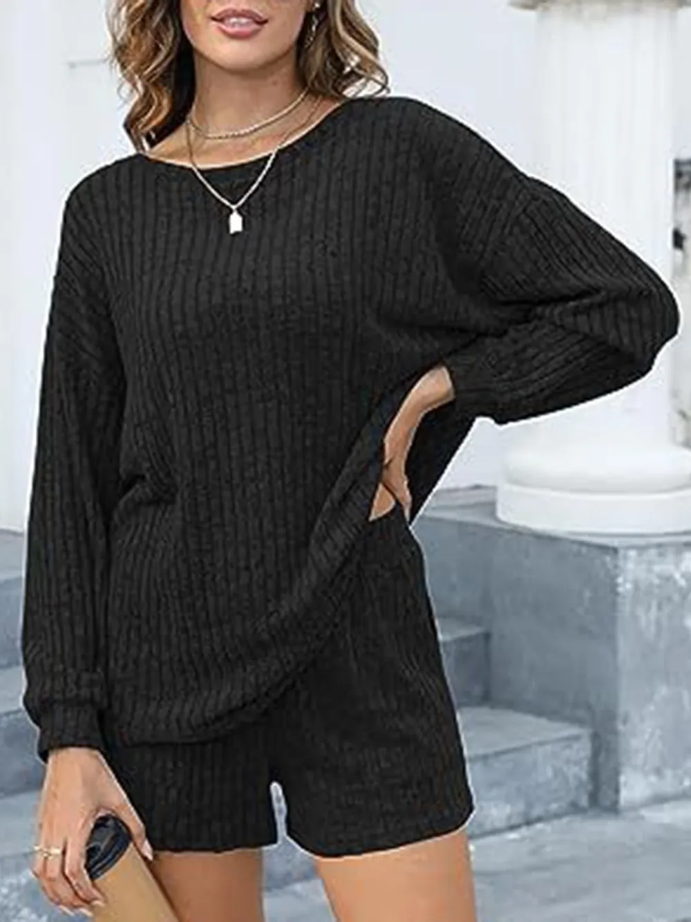 Round Neck Dropped Shoulder Top and Shorts Set, image 9