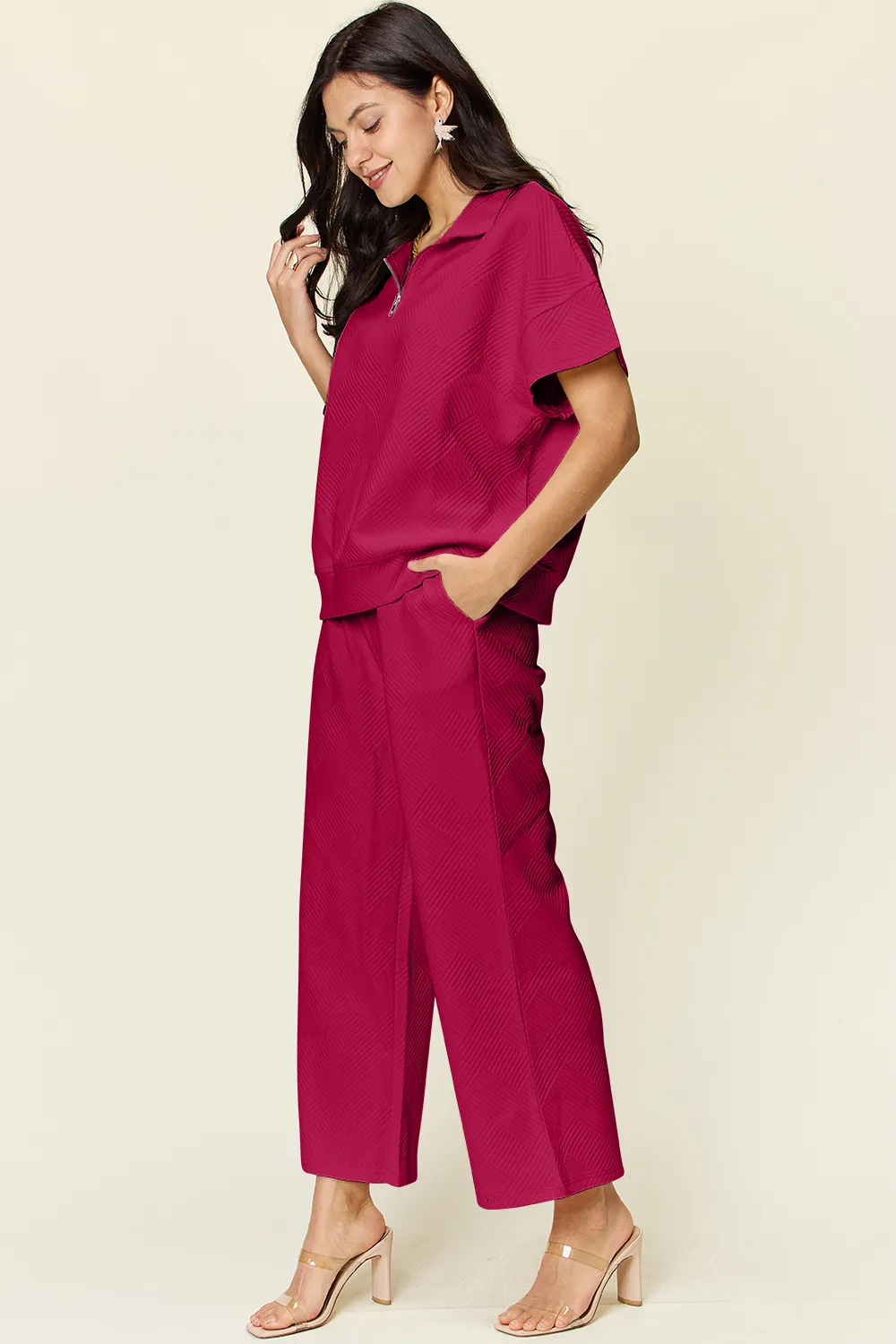 Full Size Texture Half Zip Short Sleeve Top and Pants Set, image 29