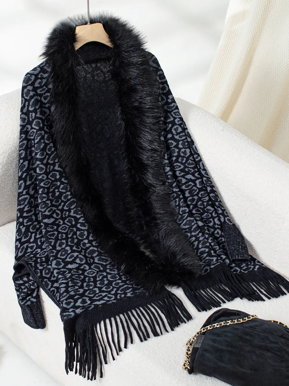 Fringe Leopard Open Front Long Sleeve Poncho, image 17