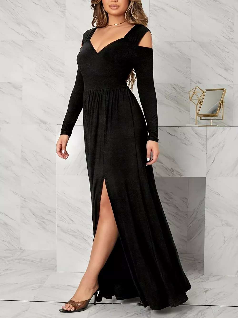 Elegant Cold Shoulder Slit Maxi Dress, image 2