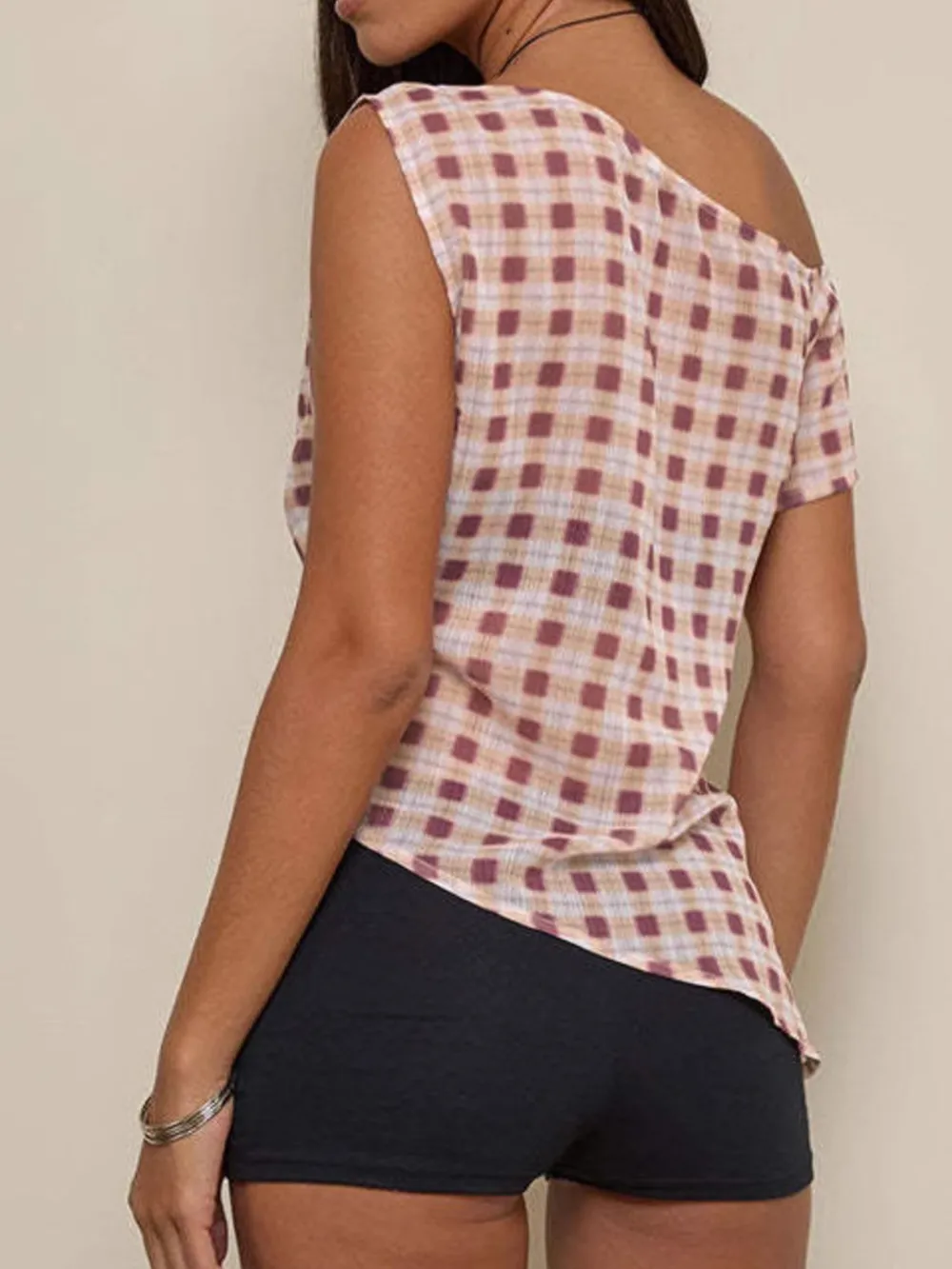 One-Shoulder Plaid Tank Top, image 3
