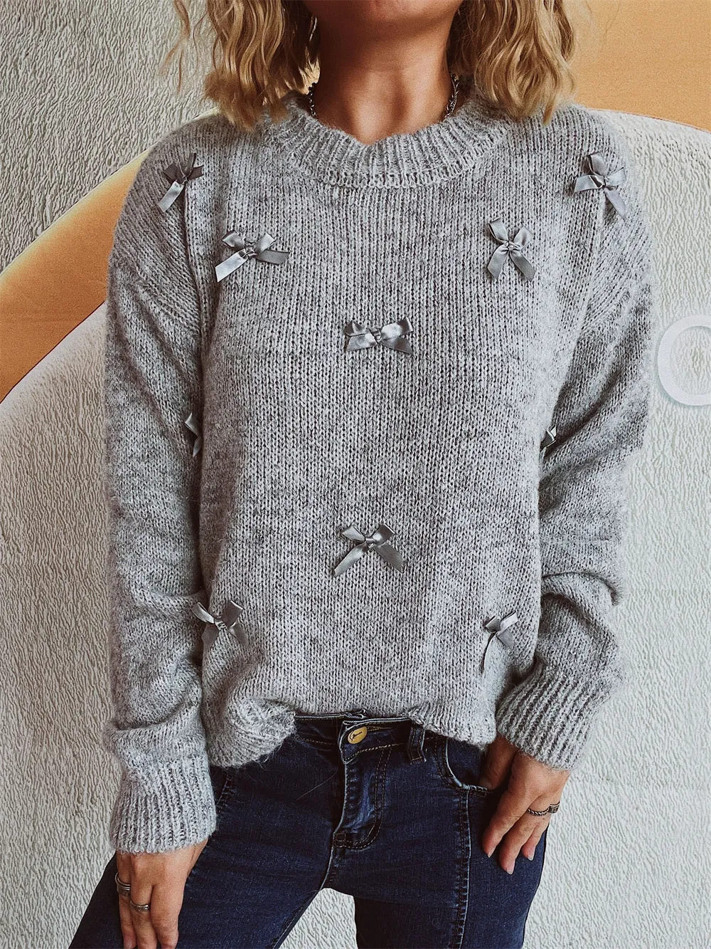 Bow Trim Round Neck Long Sleeve Sweater, image 8