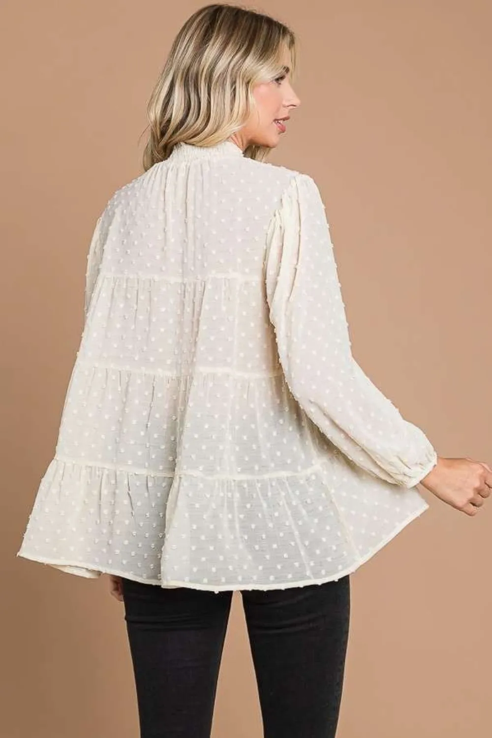 Full Size Swiss Dot Smocked Mock Neck Blouse Plus Size, image 2