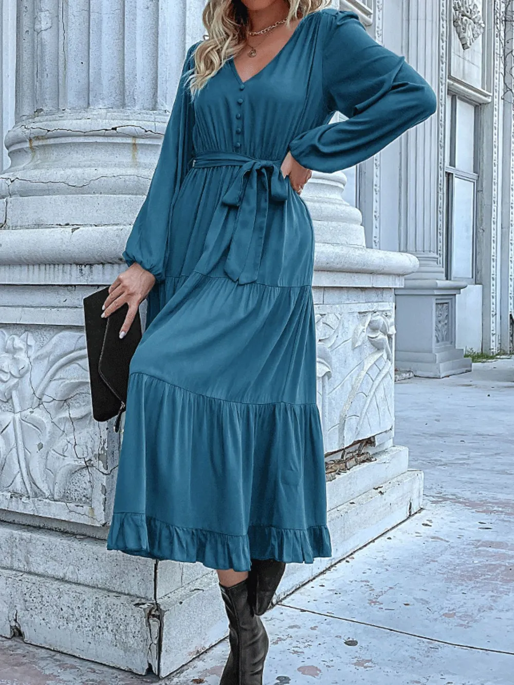 Ruffled Hem V-Neck Balloon Sleeve Dress, image 25