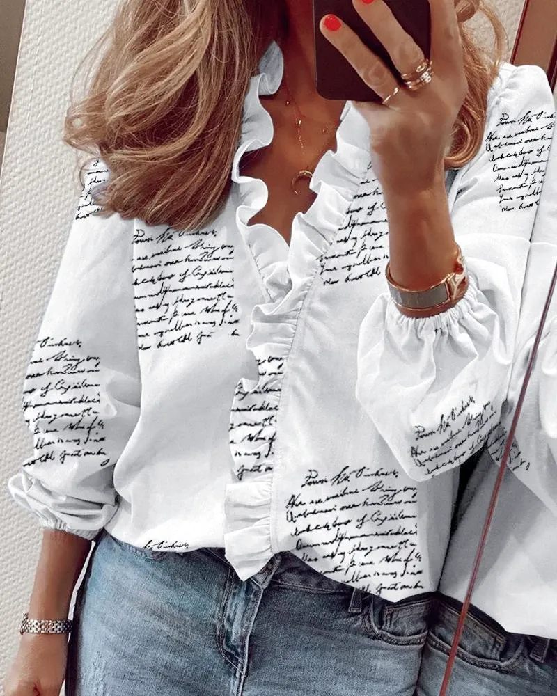 Full Size Printed V-Neck Blouse with Ruffled Plus Size, image 5