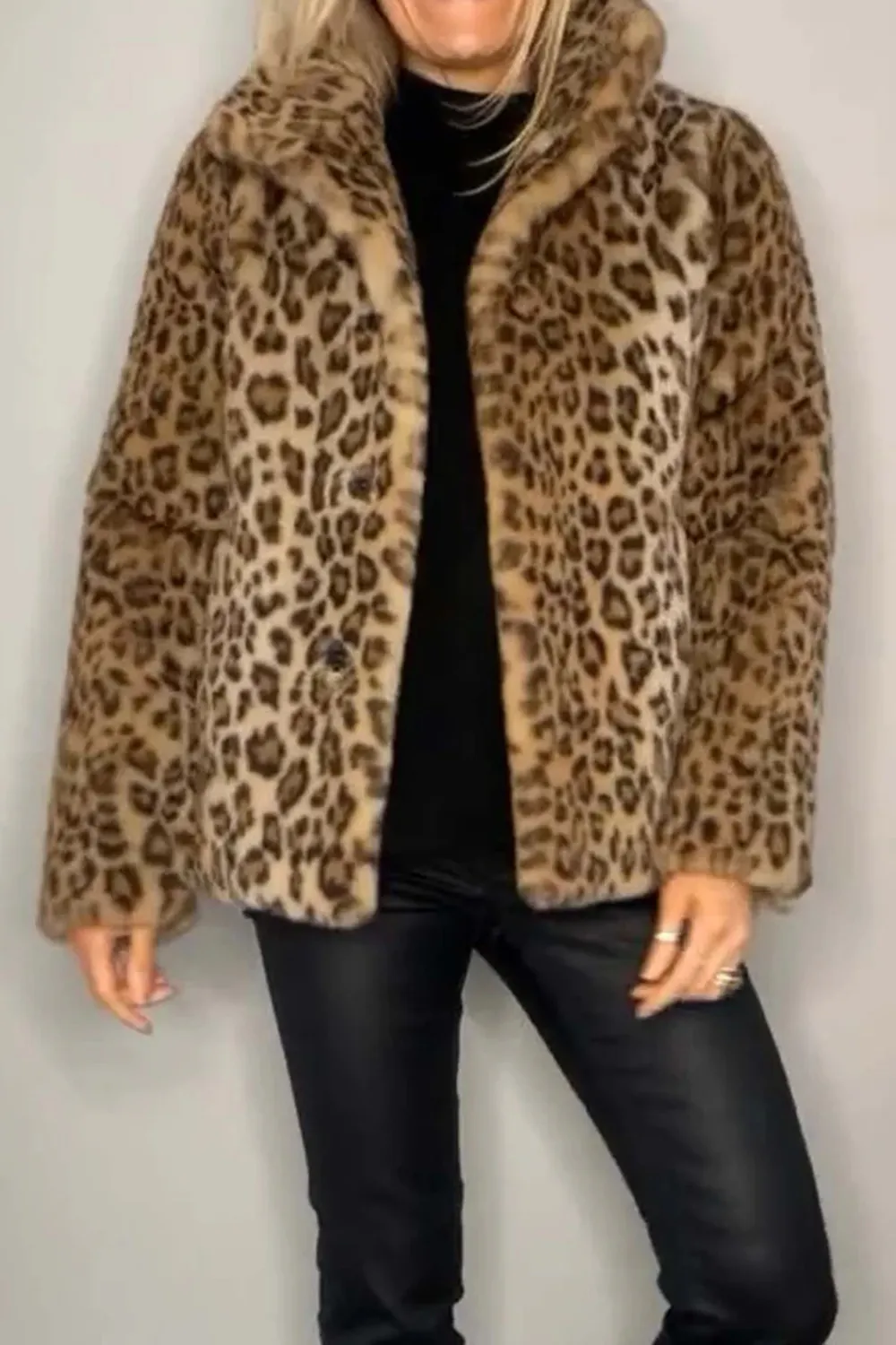 Full Size Leopard Furry Collared Neck Long Sleeve Coat, image 10