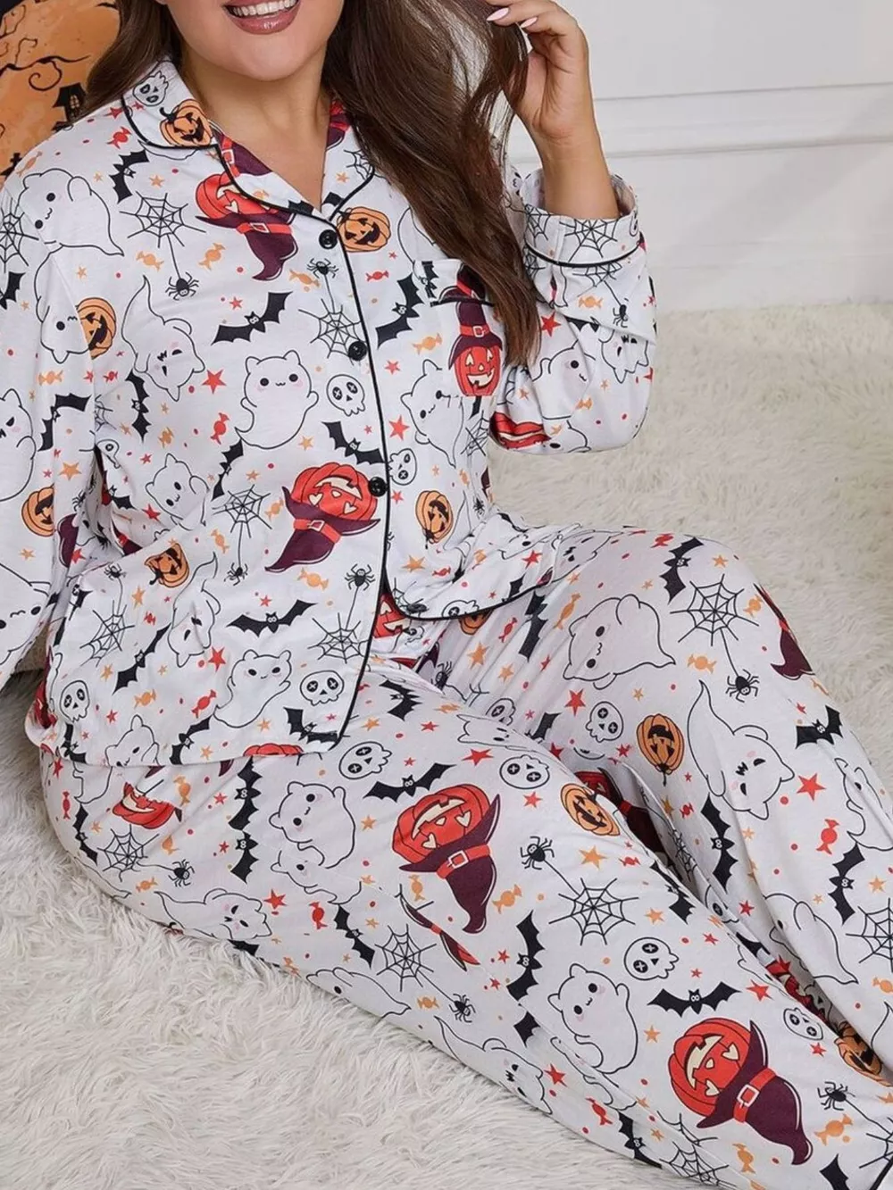 Plus Size Halloween Ghost and Pumpkin Print Top and Pants Lounge Set, image 2