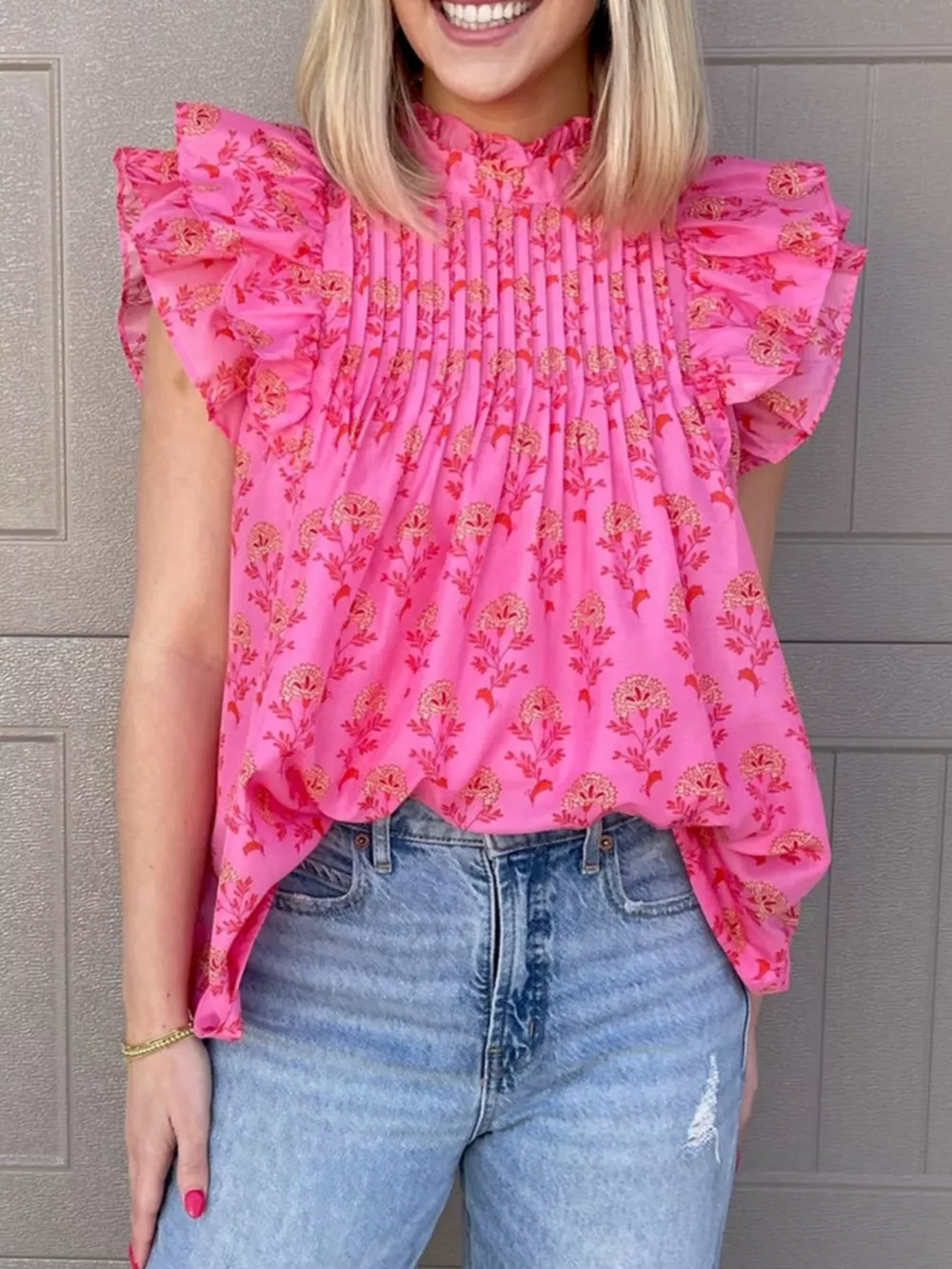 Floral Print Pleated Ruffled Flutter Sleeve Blouse, image 2