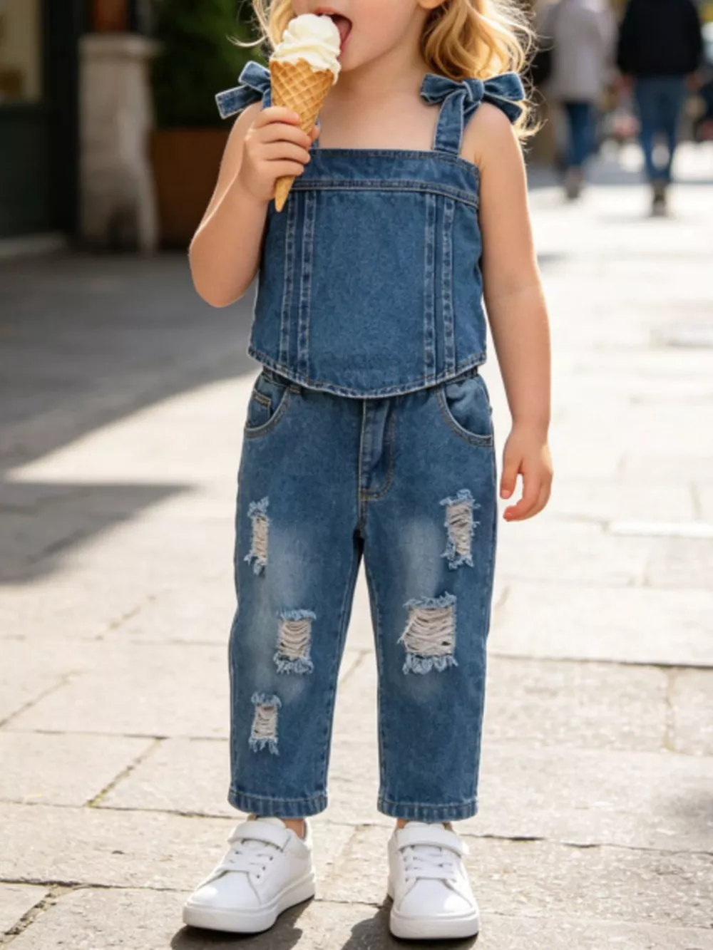 Children's Tie Shoulder Tank and Distressed Jeans Set, image 2