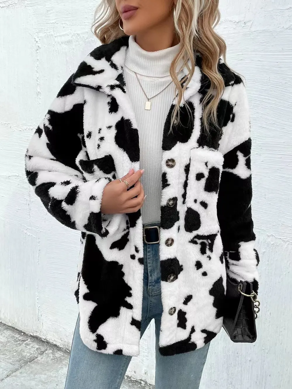 Cow Print Collared Neck Button Up Fuzzy Jacket, image 4