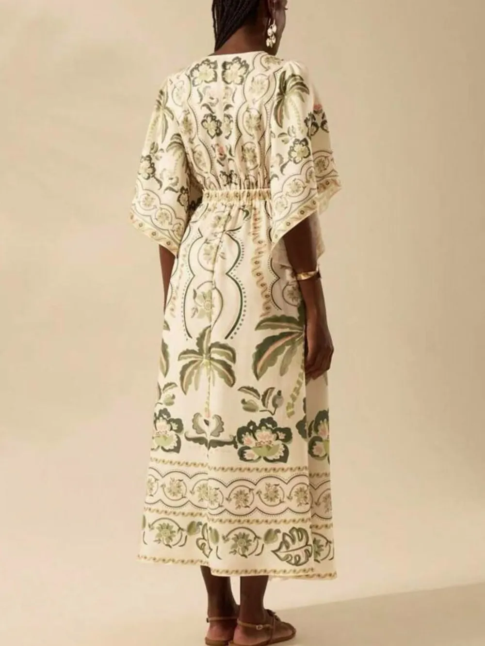 Palm Print V-Neck Midi Dress, image 11