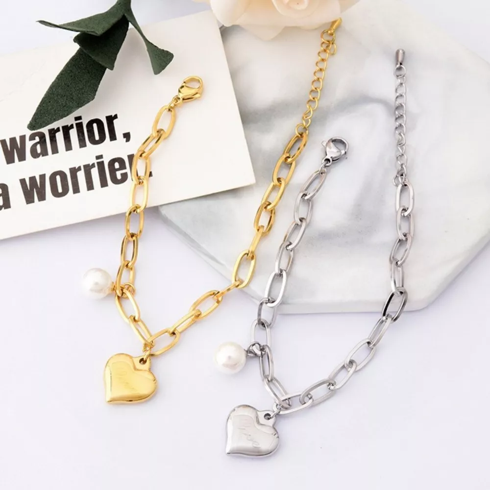 Heart Charm Pearl Accent Chain Bracelet, image 2