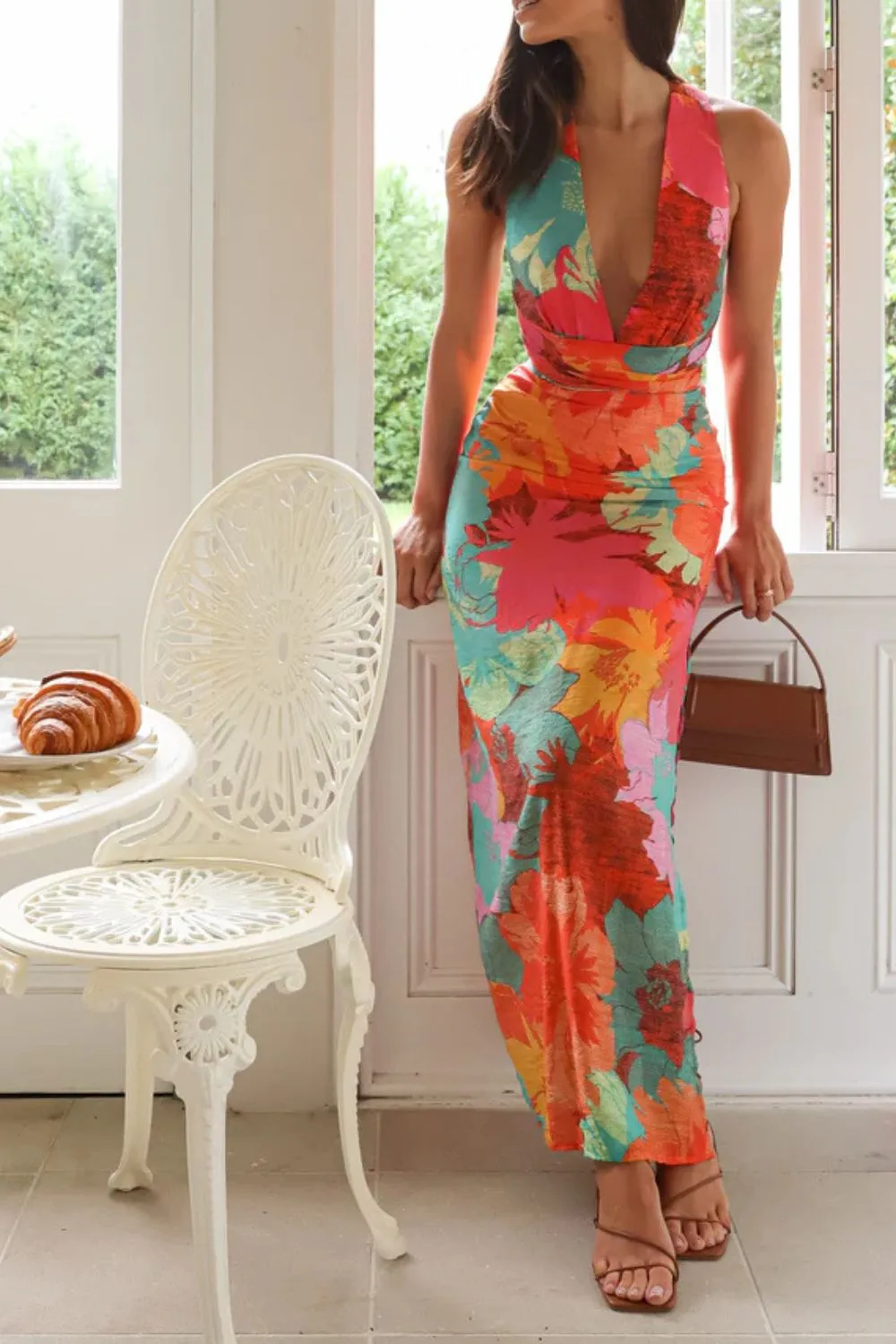 Split Crisscross Back Printed Plunge Maxi Dress, image 4