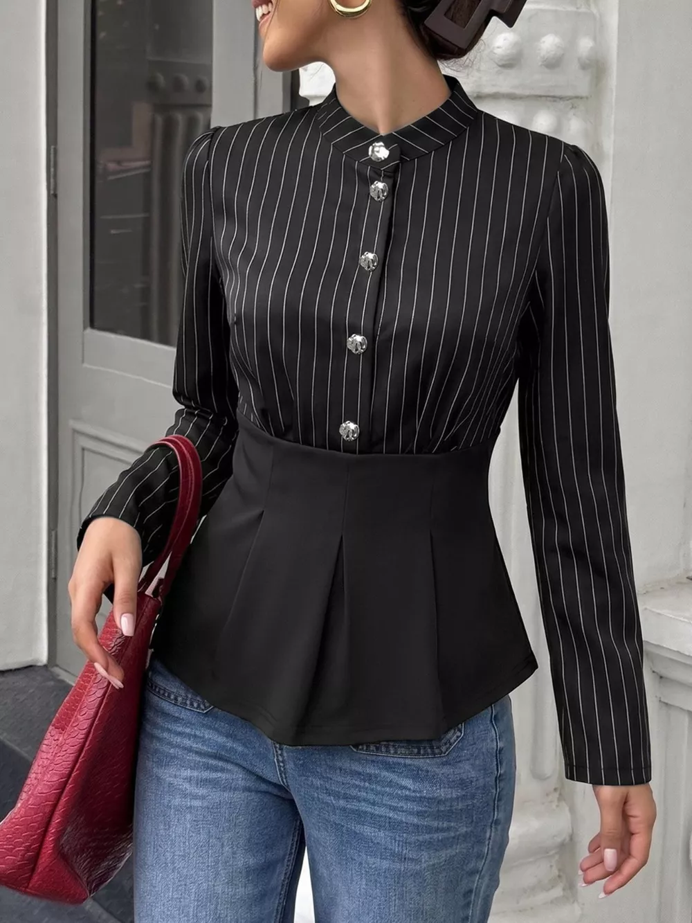 Striped Long Sleeve Peplum Blouse, image 3