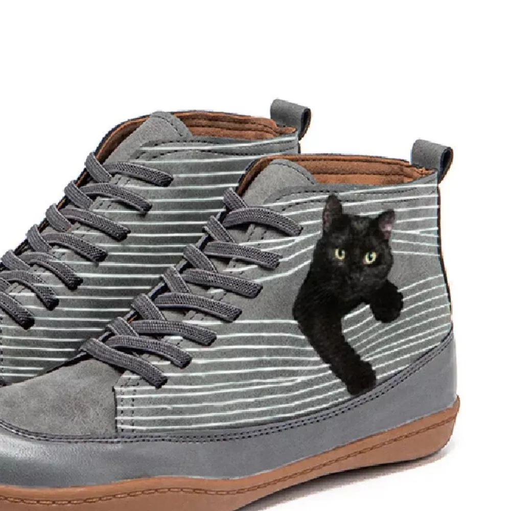 Cat Print Striped Ankle Sneakers, image 4