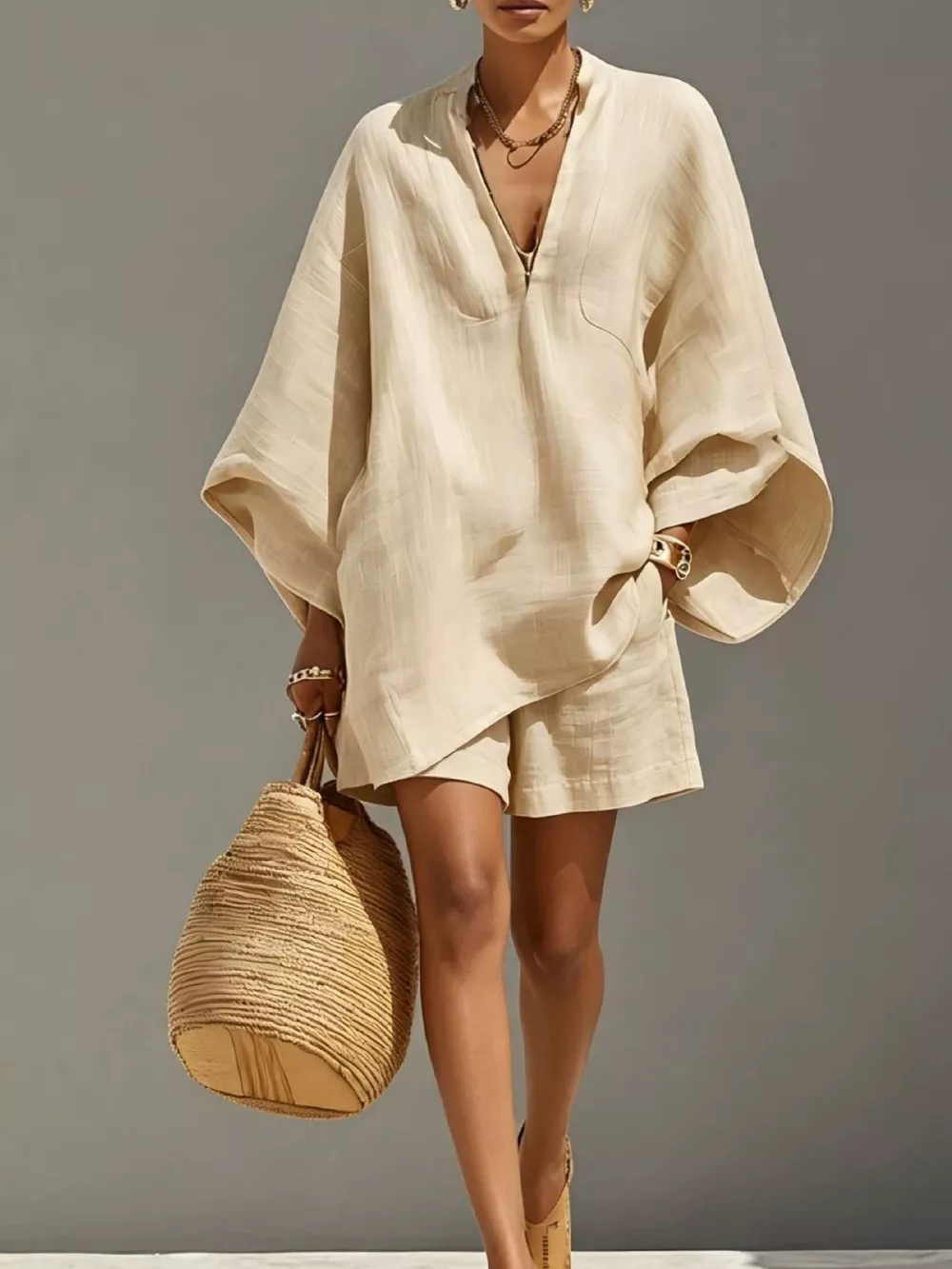 Full Size Solid Color Loose Fit Top and Shorts Set Plus Size, image 2