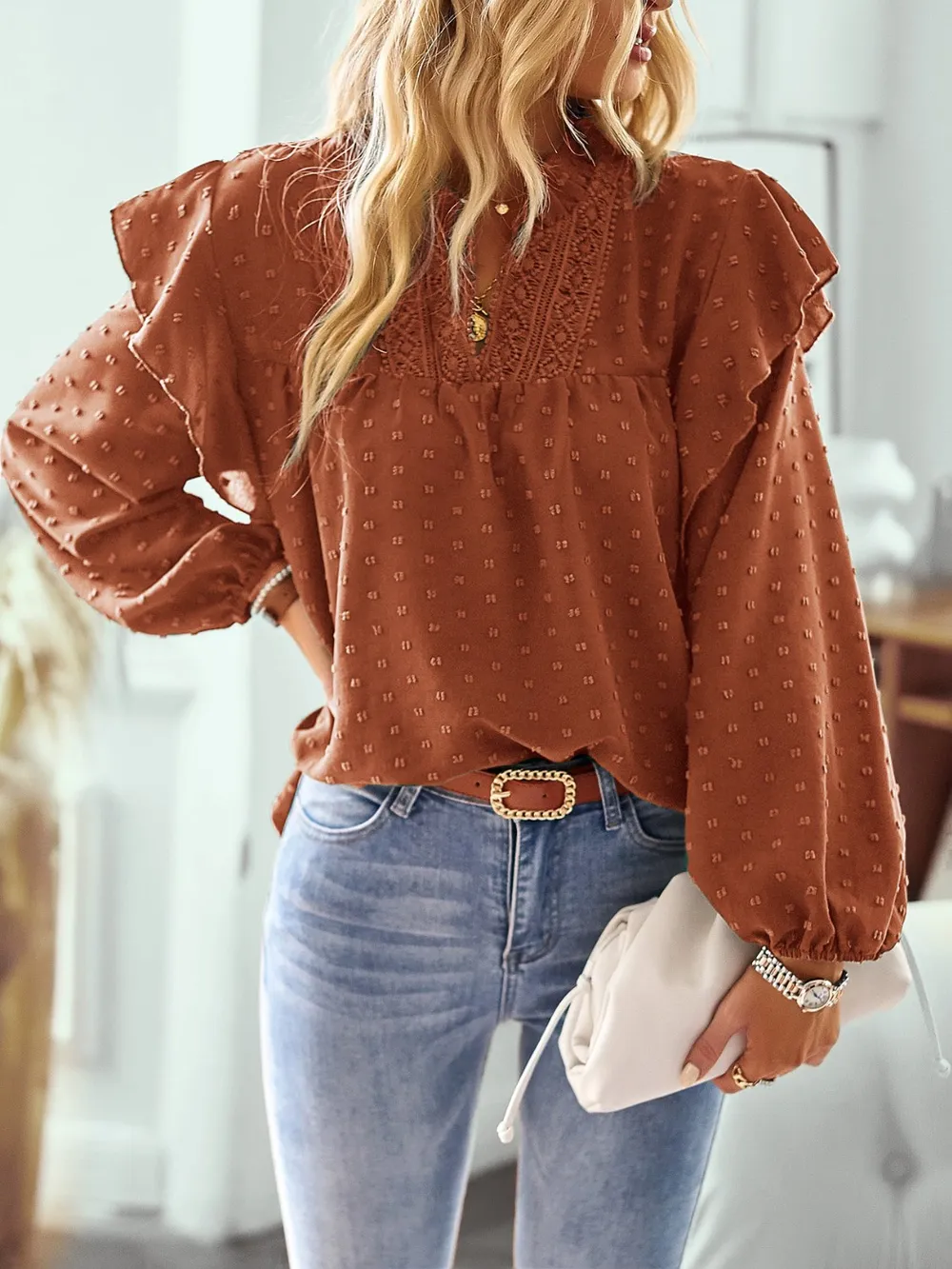 Swiss Dot Ruffled Long Sleeve Blouse, image 16