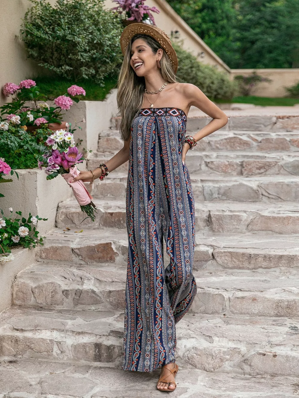 Tied Printed Tube Wide Leg Jumpsuit, image 12