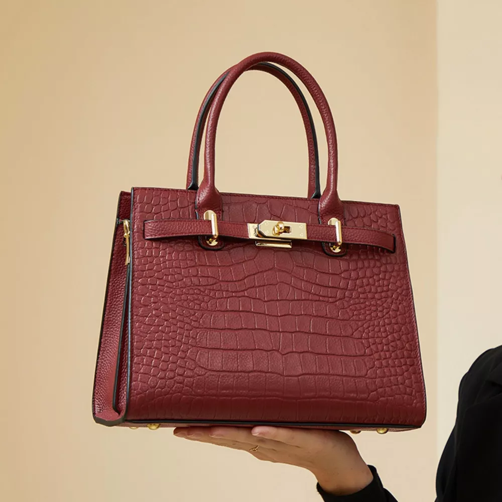 Crocodile-Embossed Leather Top Handle Handbag, image 6