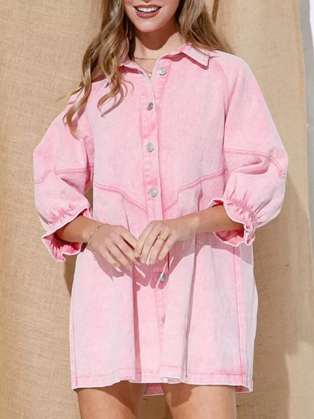 Ruffled Cuff Button-Down Denim Dress, image 8